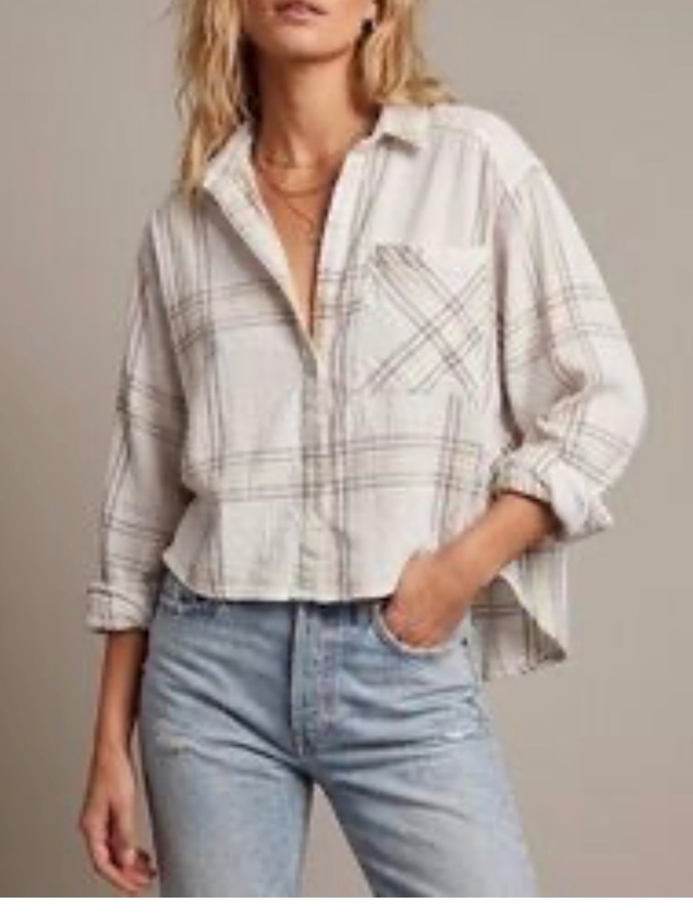 Free People "Cutie" Cream Plaid S Button Down Dolman Sleeve Shirt
